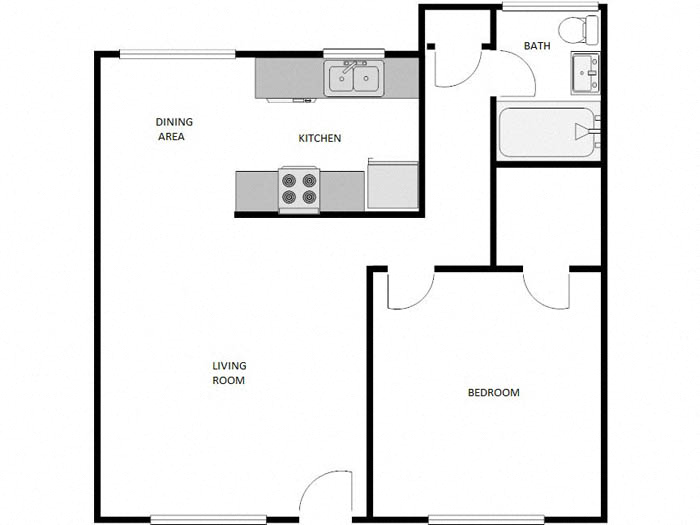Floor plan for 1 bed, 1 bath, 610 sqft